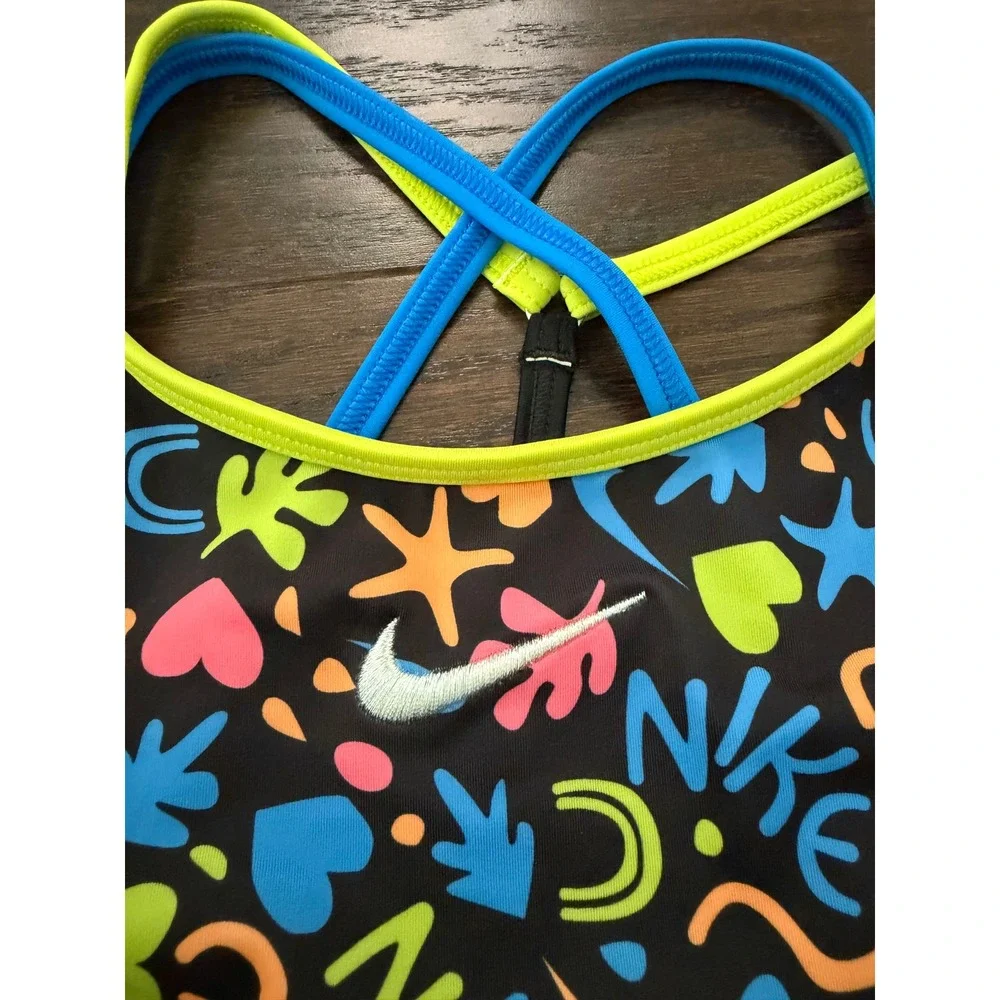 Nike Girls One Piece Swimsuit Neon Doodle Print Crossback Black NESSC715-001 XS